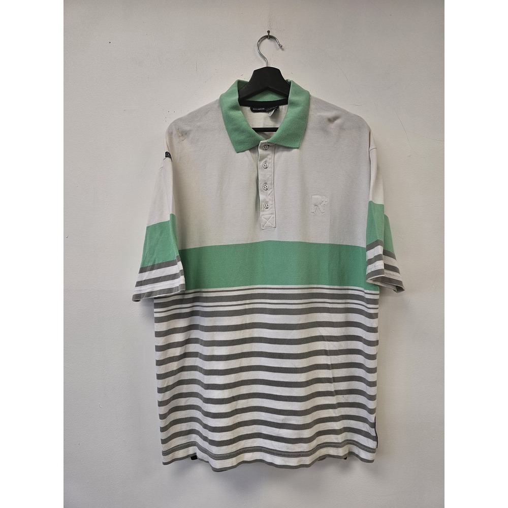 Rocawear Polo Shirt Mens XL Green Gray Striped Casual Short Sleeve Streetwear